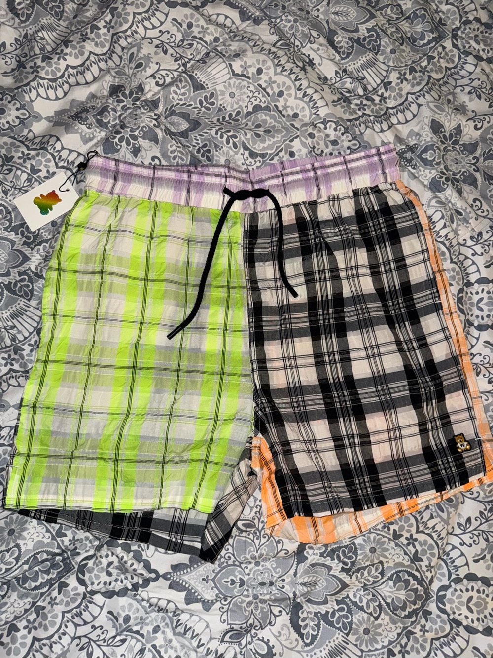 Teddy Fresh Patchwork Plaid Shorts in Neon Green, Black & Orange